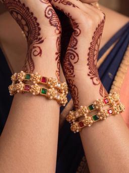 NUI - Gold-Plated Kundan Pearl Bangles for Women (Pack of 4)