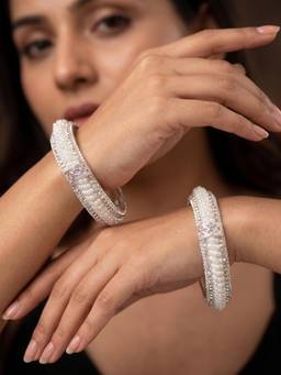 NUI - White Silver Plated Ethnic Bangle for Women (Pack of 2)