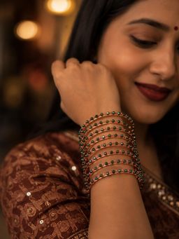 NUI - Green Rose Gold Plated Ethnic Bangle for Women (Pack of 8)