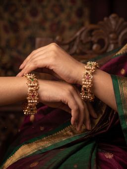 NUI - Gold Plated Stone and Pearl Studded Bangles for Women (Pack of 2)