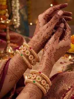 NUI - Gold Plated Stone Studded and Beaded Classic and Elegant Bangles (Pack of 6)