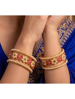 NUI - Gold Plated Stone Studded and Beaded Classic and Elegant Bangles (Pack of 6)