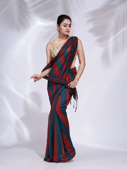 CHARUKRITI - Red and Teal Pure Cotton Handwoven Saree with Stripe Pallu with Unstitched Blouse