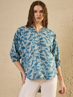 SAY - Women Teal Blue Printed Shirt