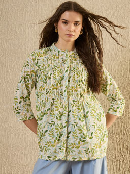 SAY - Women White & Green Printed Shirt