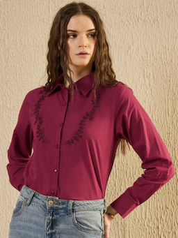 SAY - Women Maroon Embroidered Shirt