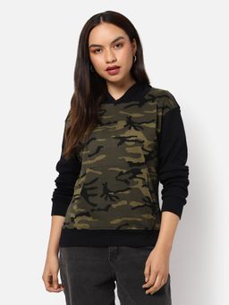 Campus Sutra - Womens Printed Hoodie Sweatshirt Green