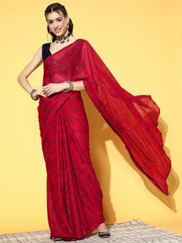 Akhilam - Womens Lycra Blend Red Printed Celebrity Saree with Unstitched Blouse