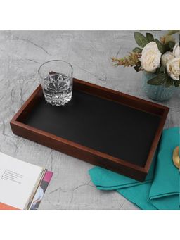 VarEesha - Mahogany Wood Rectangular Tray with Faux Leather Base - Large