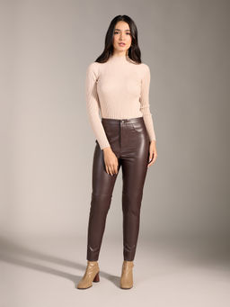 Twenty Dresses by Nykaa Fashion - Brown Solid High Waist Skinny Leather Jeggings