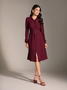 Twenty Dresses by Nykaa Fashion - Maroon Solid Full Sleeves Knee Dress with Belt (Set of 2)