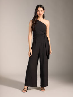 Twenty Dresses by Nykaa Fashion - Black Solid One Shoulder Twisted Waist Jumpsuit (Set of 2)