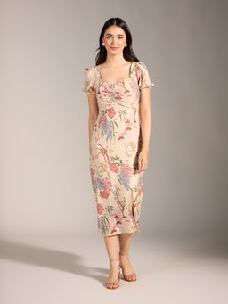 Twenty Dresses by Nykaa Fashion - Multicolor Floral Sweetheart Neck Puff Sleeves Midi Dress