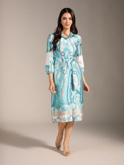 Twenty Dresses by Nykaa Fashion - Blue White Paisley Midi Shirt Dress with Belt (Set of 2)
