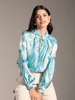 Twenty Dresses by Nykaa Fashion - Blue and White Printed Mandarin Collar Full Sleeves Satin Top