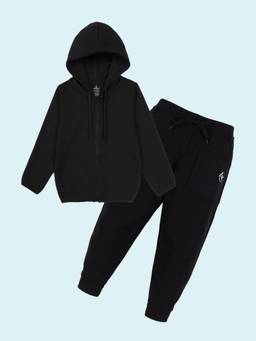 KiddoPanti - Unisex Cotton Quilted Hoodie & Fleece Track Pant - Black