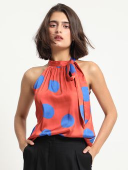 RAREISM - Walra Polka Print Tie-Up Neck Regular Fit Top