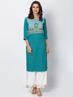 Biba - Teal Straight Printed Kurta