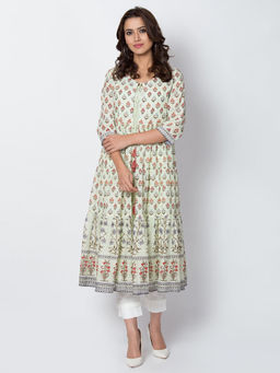 Biba - Green Floral Kurta With Inner Slip (Set of 2)