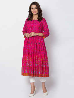 Biba - Pink Floral Kurta With Inner Slip (Set of 2)