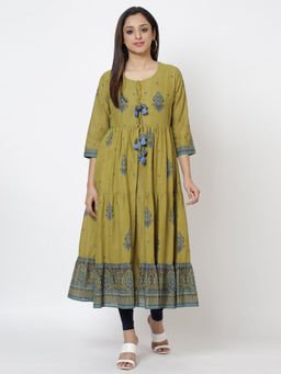 Biba - Green Printed Kurta With Inner Slip (Set of 2)