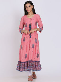 Biba - Peach Printed Kurta With Inner Slip (Set of 2)