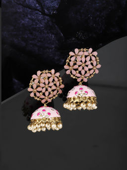 Carlton London - Carlton London-Pink & Off-White Gold-Plated Stone Studded Handcrafted Dome Shaped Jhumkas