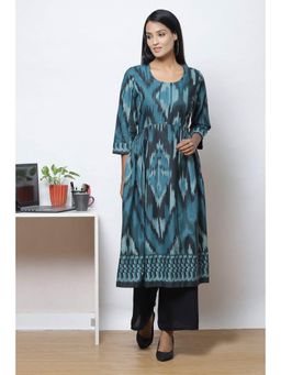 Biba - Teal Flared Rayon Fusion Wear Dress