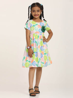 ZION Girls Green Floral Knee Length Dress