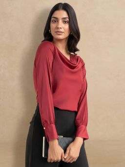 FableStreet - Maroon Satin Cowl Neck Top