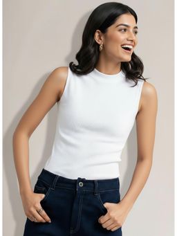 FableStreet - White Cotton Sleeveless Rib Tee