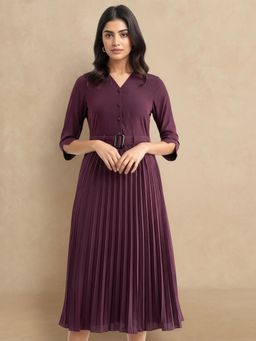 FableStreet - Wine Collared A-Line Pleated Dress