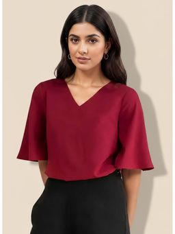FableStreet - Red Solid V-Neck Top