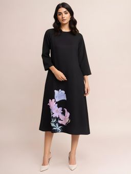 FableStreet - Floral Print A-Line Dress-Black