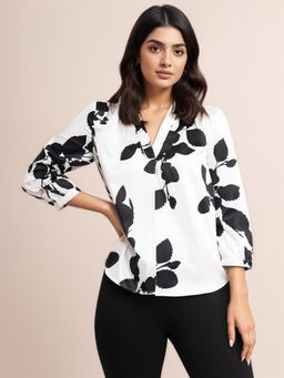 FableStreet - Satin Floral Print Top - White and Black