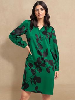 FableStreet - Satin Floral Print Shift Dress - Green and Black