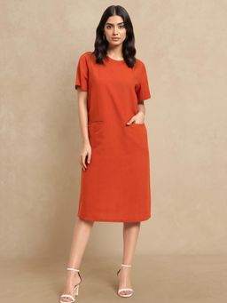 FableStreet - Linen Round Neck Shift Dress - Burnt Orange