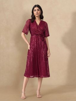 FableStreet - Maroon Sequin Wrap Midi Dress with Belt (Set of 2)