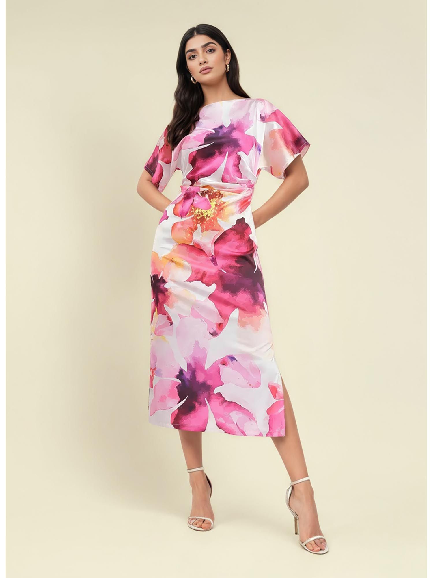 ヌキテパModal Satin Flower Combi Print Dress MODAL SATIN FLOWER COMBI PRINT