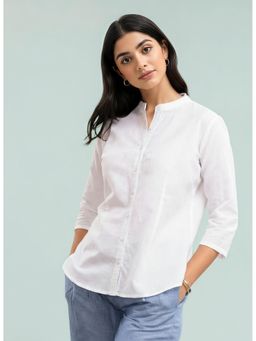 FableStreet - Mandarin Collared Linen Shirt - White