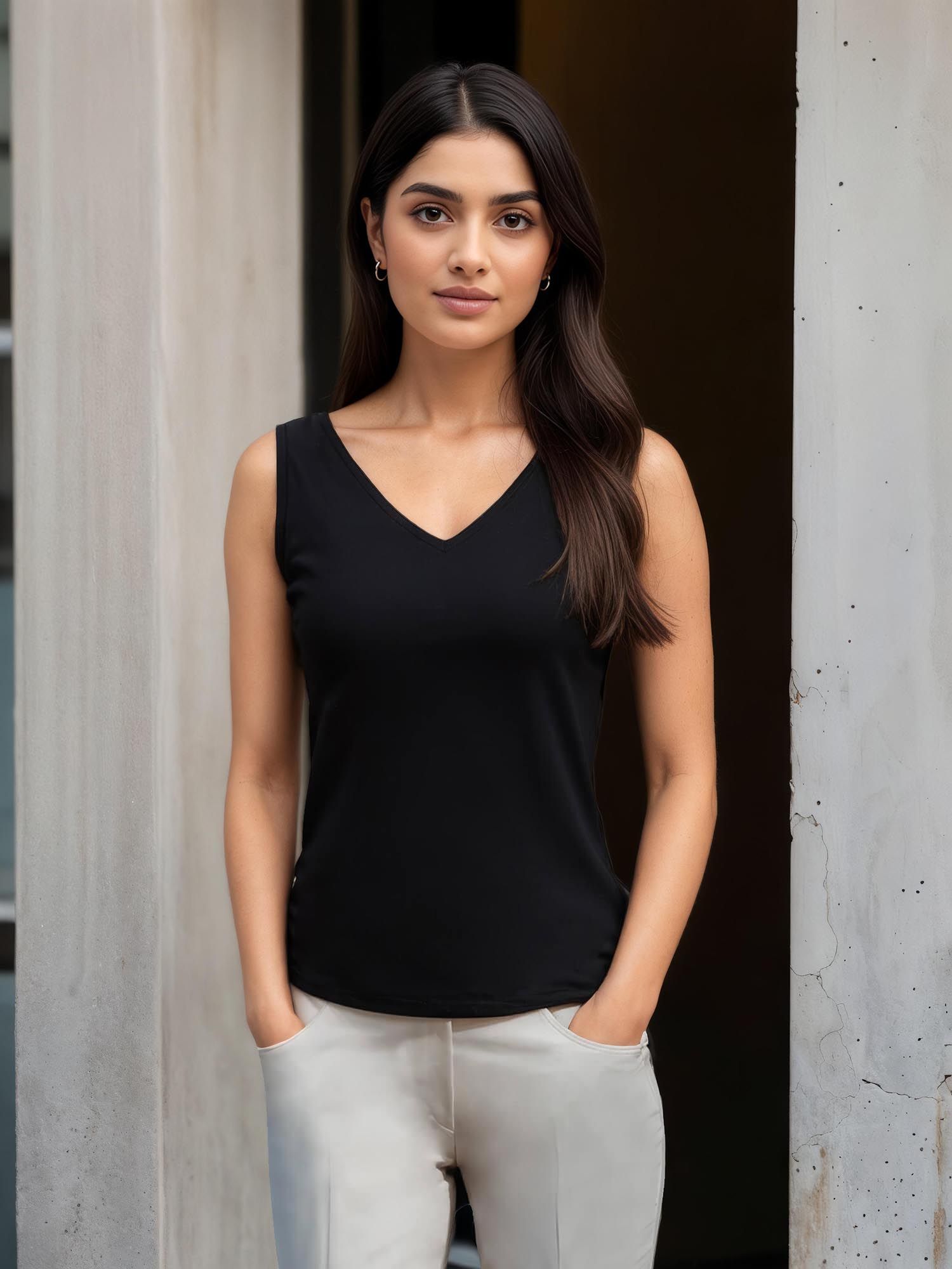 fable street Stretchable V Neck LivIn Camisole - Black-picture-11