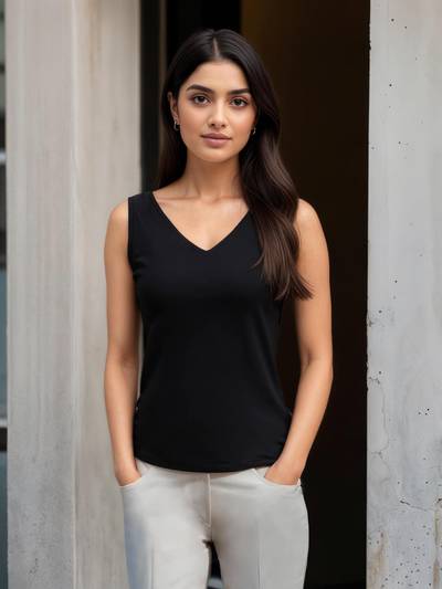 Stretchable V Neck LivIn Camisole - Black
