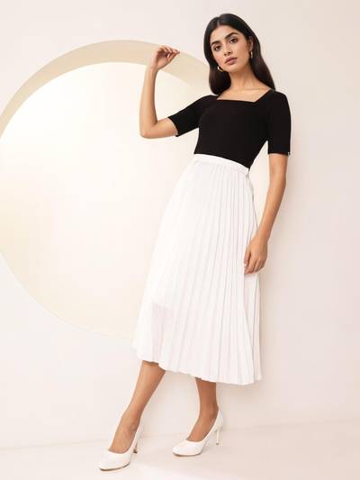 Pleated Flared Midi Skirt - White