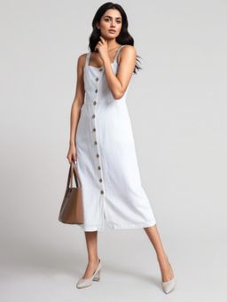 FableStreet - Buttondown Strap Midi Dress White