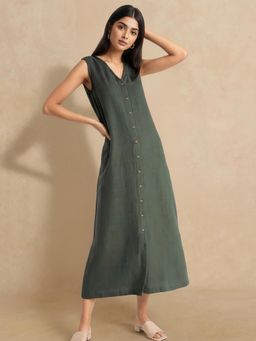 FableStreet - Cotton Button Down A-Line Dress - Olive