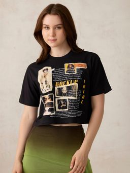 Outzidr - Women Black Cotton Graphic Boxy Fit T-Shirt