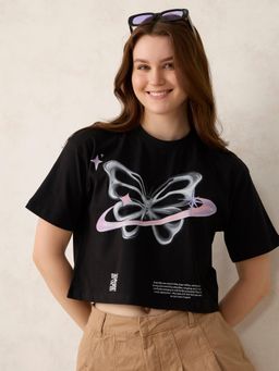 Outzidr - Women Black Cotton Graphic Boxy Fit T-Shirt