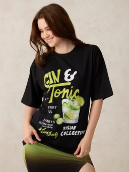Outzidr - Women Black Cotton Graphic Oversized Fit T-Shirt