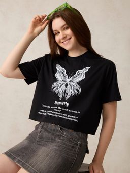 Outzidr - Women Black Cotton Graphic Boxy Fit T-Shirt