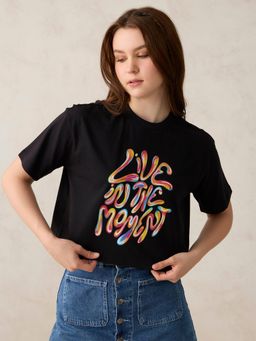 Outzidr - Women Black Cotton Graphic Boxy Fit T-Shirt